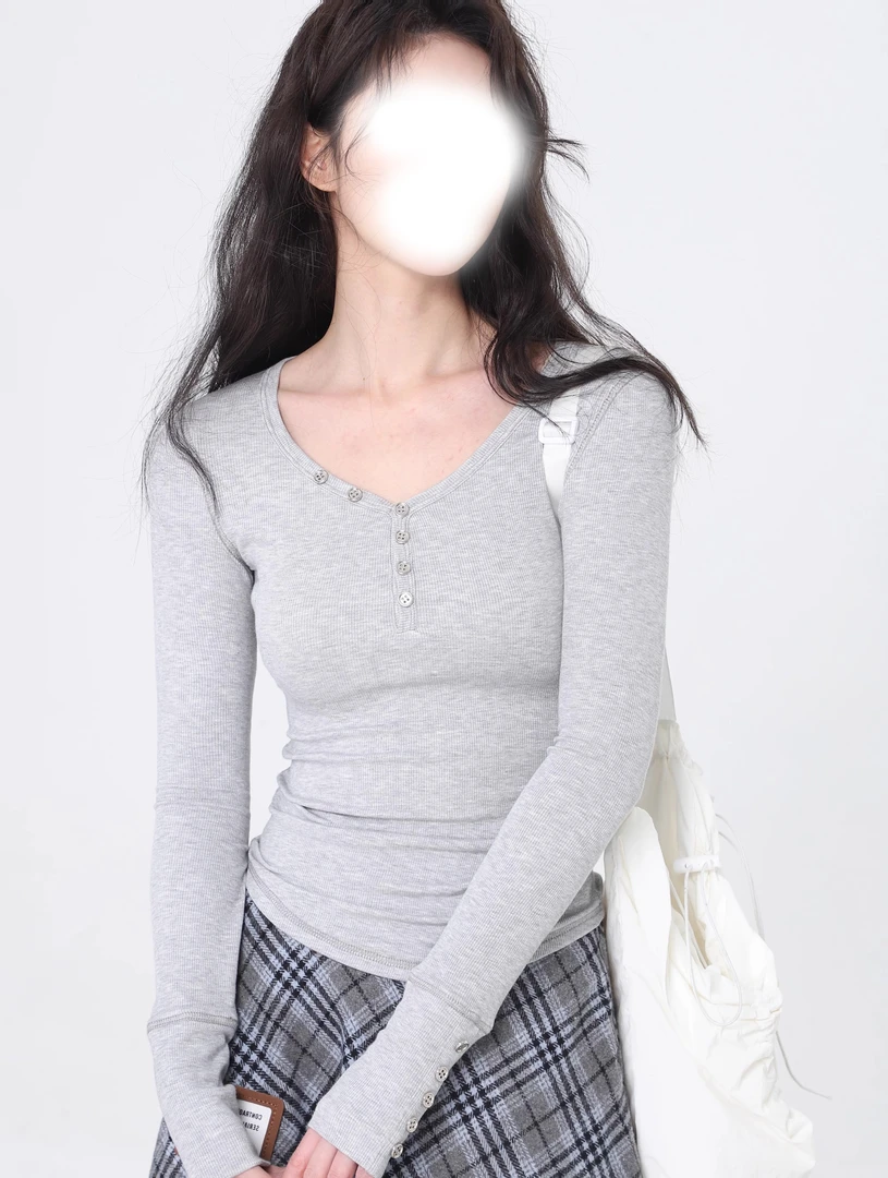 灰色长袖T恤上衣女修身洋气时尚高端百搭内搭棉质独特别致打底衫