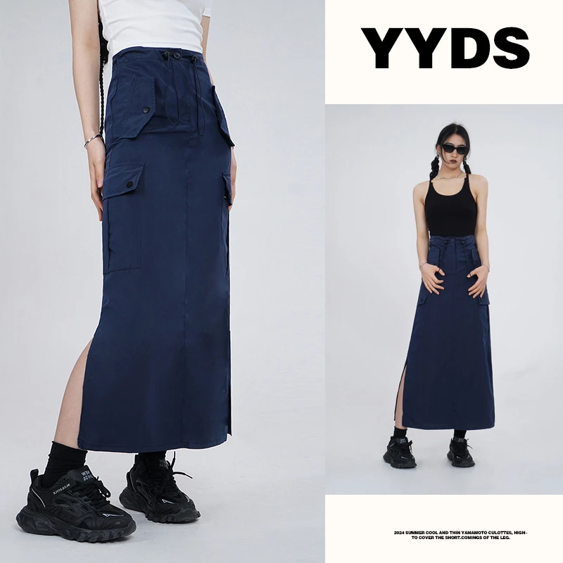 Bella美式复古工装裙a字半裙女夏季高腰显瘦抽绳开叉中长款半身裙