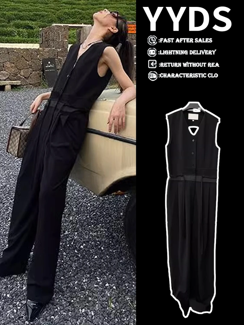 黑色工装连体裤女装欧美炸街抽绳收腰设计感小众长款西装阔腿裤潮
