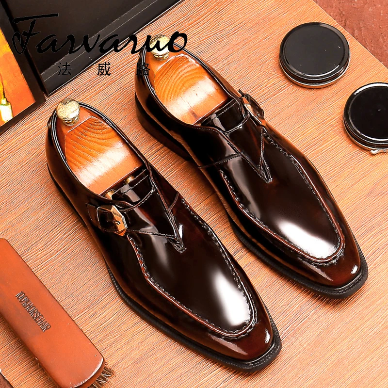 皮鞋男秋冬男士商务休闲鞋漆皮亮面英伦套脚僧侣搭扣孟克鞋牛皮鞋