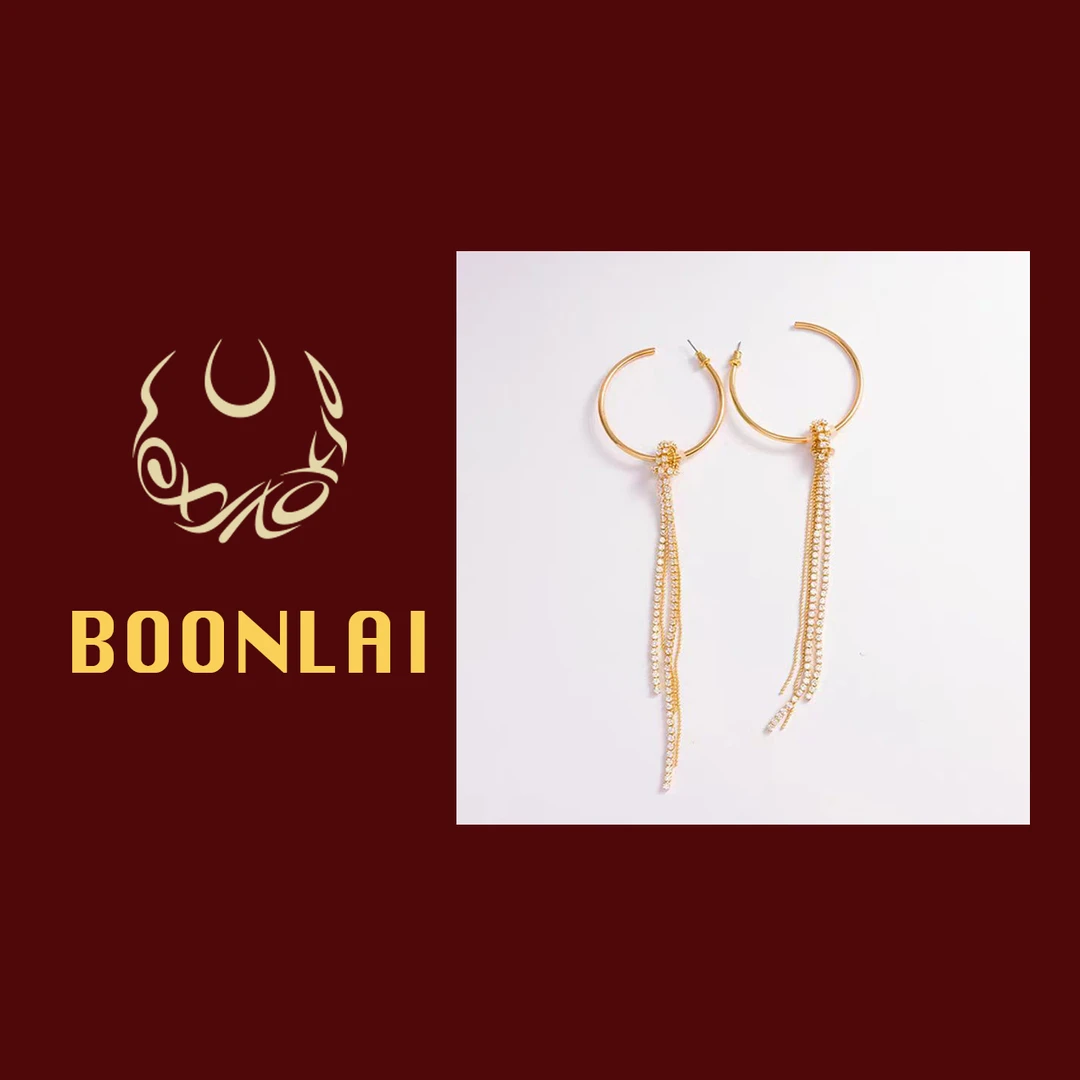 铜合金莫桑石耳饰 Boonlai 金色圆圈长流苏镶钻耳环dz
