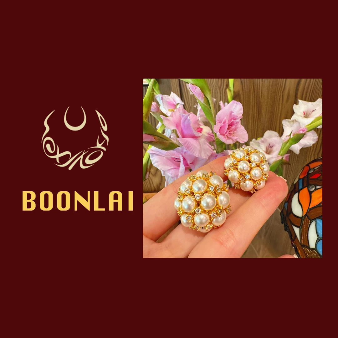 铜合金仿珍珠耳饰 Boonlai 中古珠珠球形镶钻耳环165