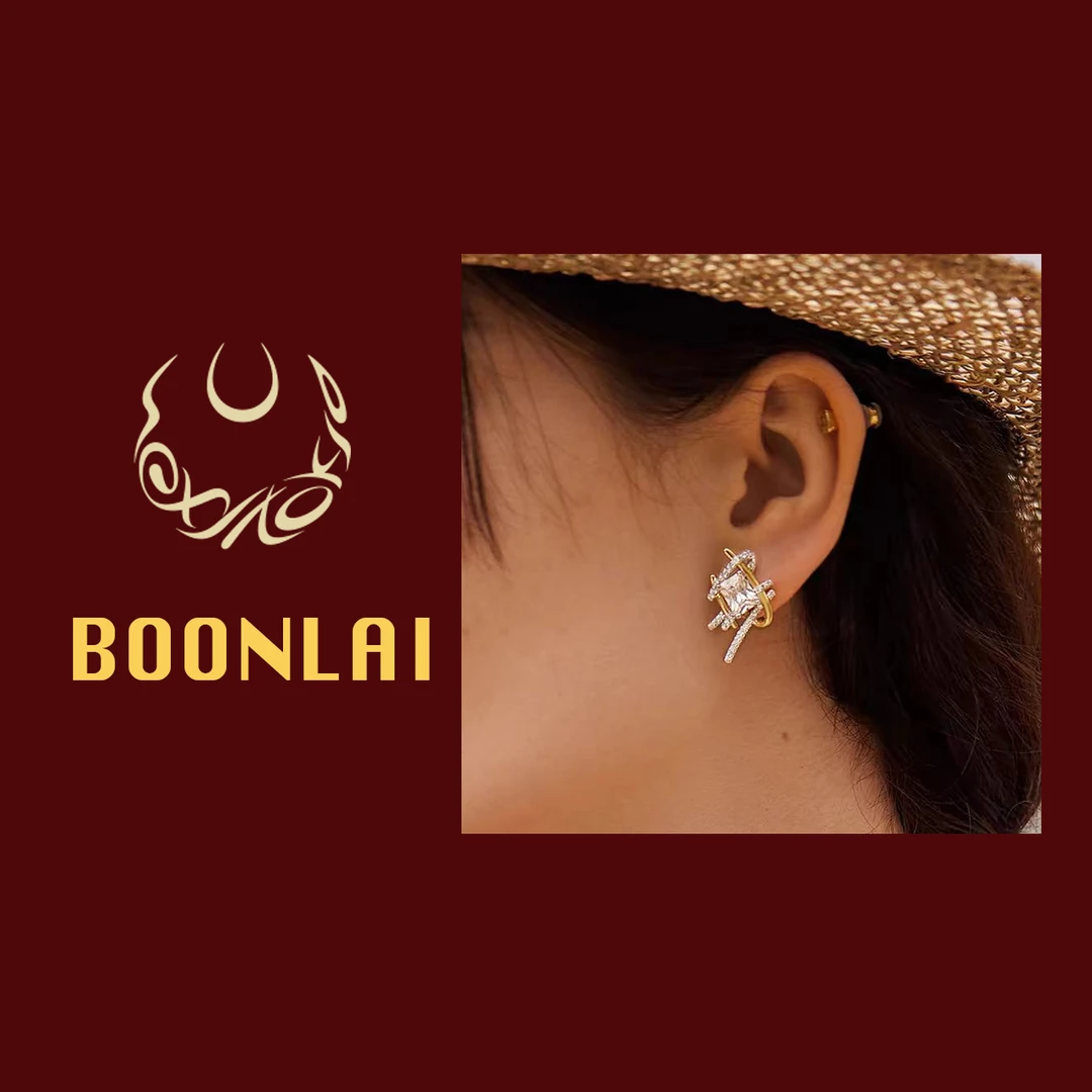 铜合金莫桑石耳饰 Boonlai 设计感银色方糖编织气质J耳钉女1648