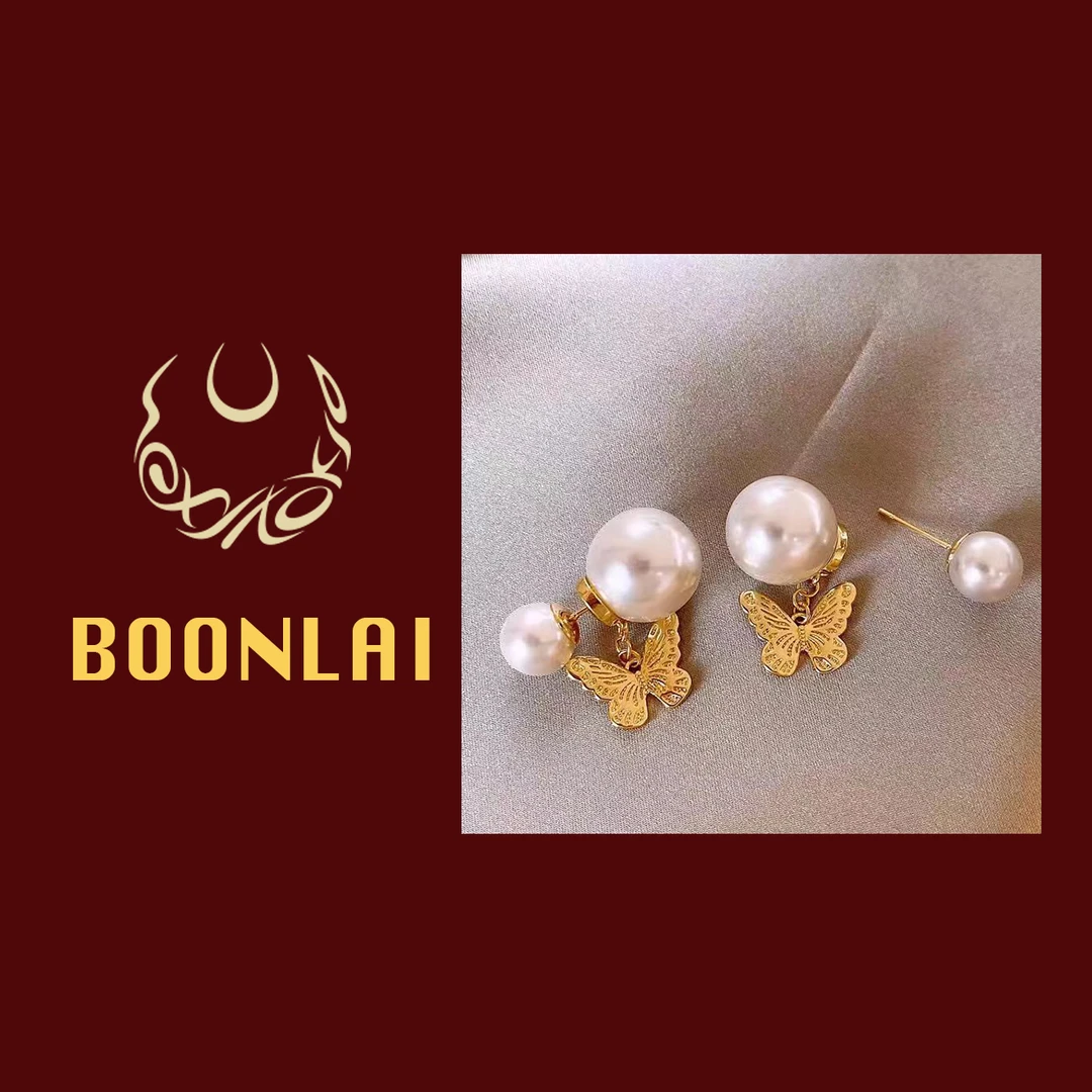 合金仿珍珠耳饰 Boonlai 双面珠珠蝴蝶银色J耳环1644
