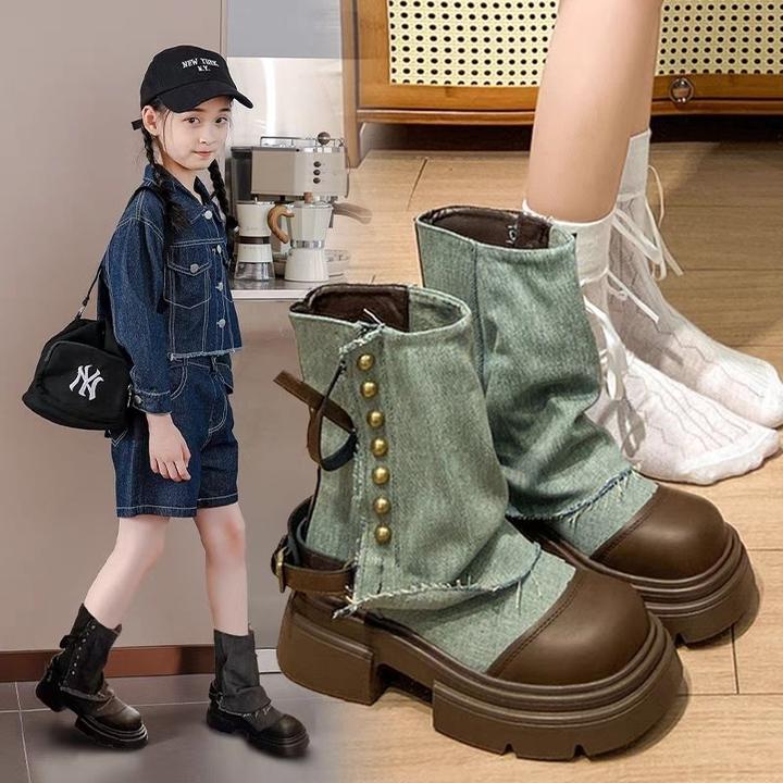 女童马丁靴2024新款秋冬季儿童靴子中大童短靴公主复古牛仔裤管靴