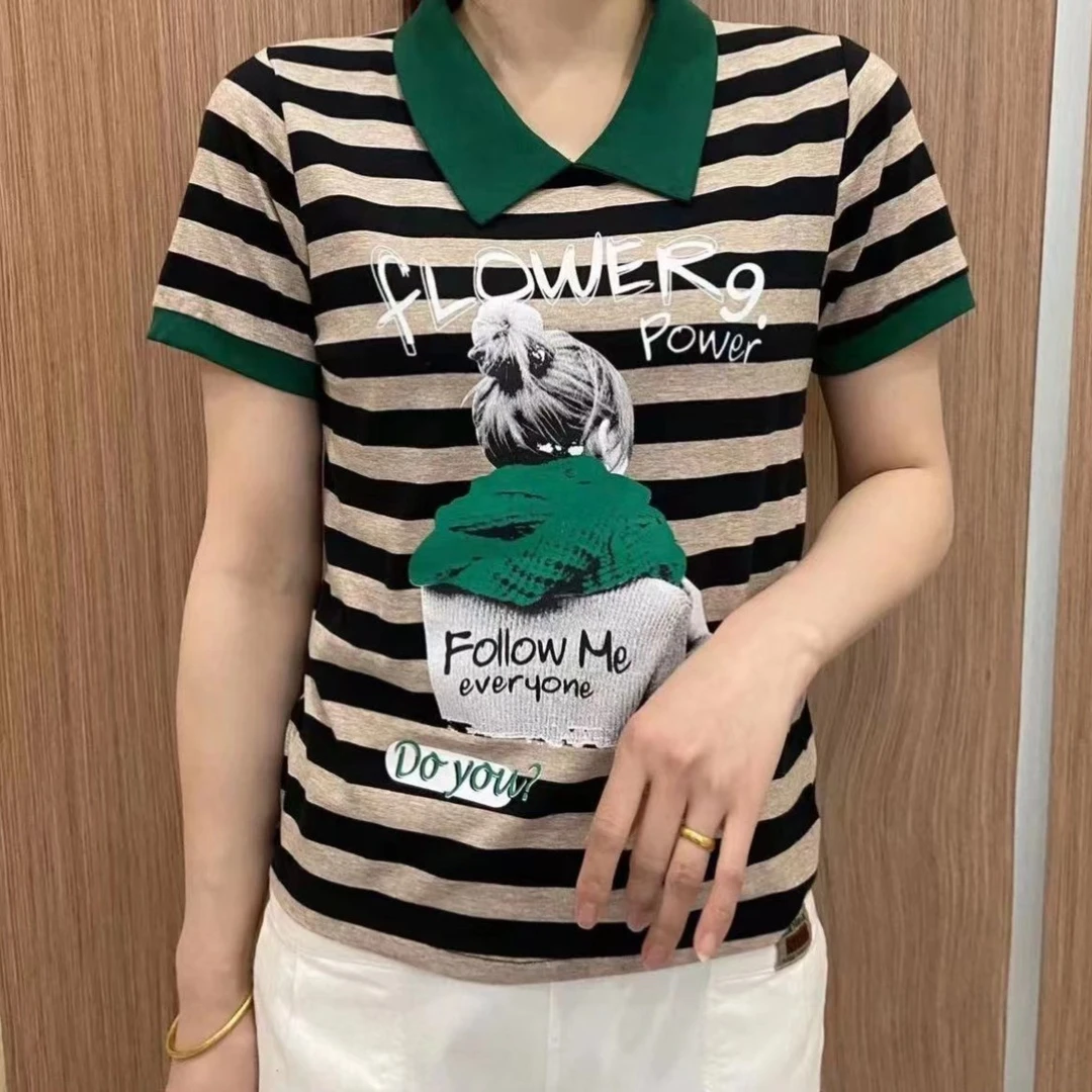 夏季新款娃娃领条纹T恤印花短袖显瘦百搭宽松休闲减龄撞色妈妈装