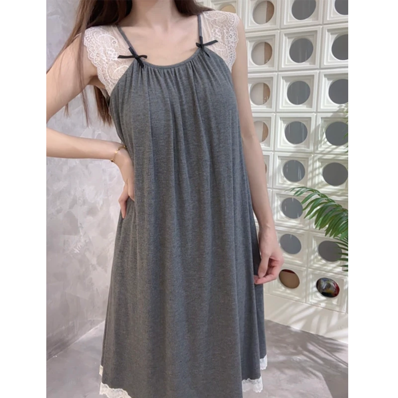 睡衣女莫代尔棉夏季薄款自带胸垫花边轻奢短袖可外穿家居服睡裙