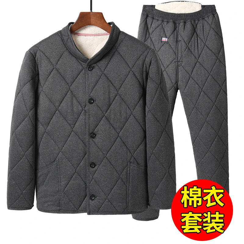 冬季中老年男士保暖棉袄羊羔绒棉衣棉裤男套装加绒加厚爸爸装衣服
