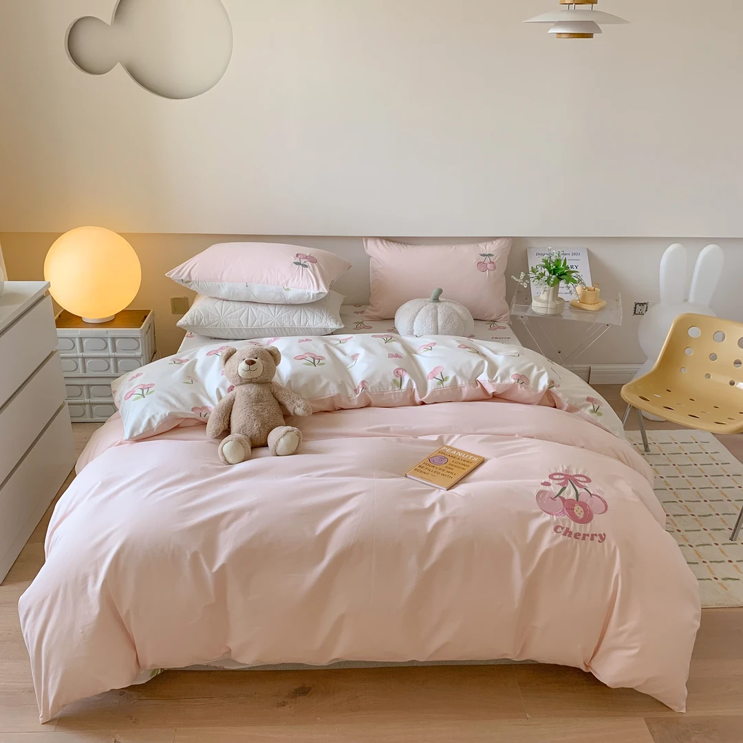 美莉 樱桃全棉水洗棉加厚绣花刺绣三件套四件套可爱少女心小清新