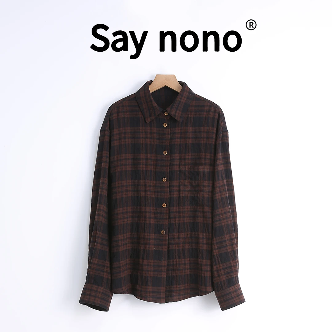 1懒猫nono│Saynono 时尚主张＿撞色格纹宽松翻领衬衫长袖上衣/A219