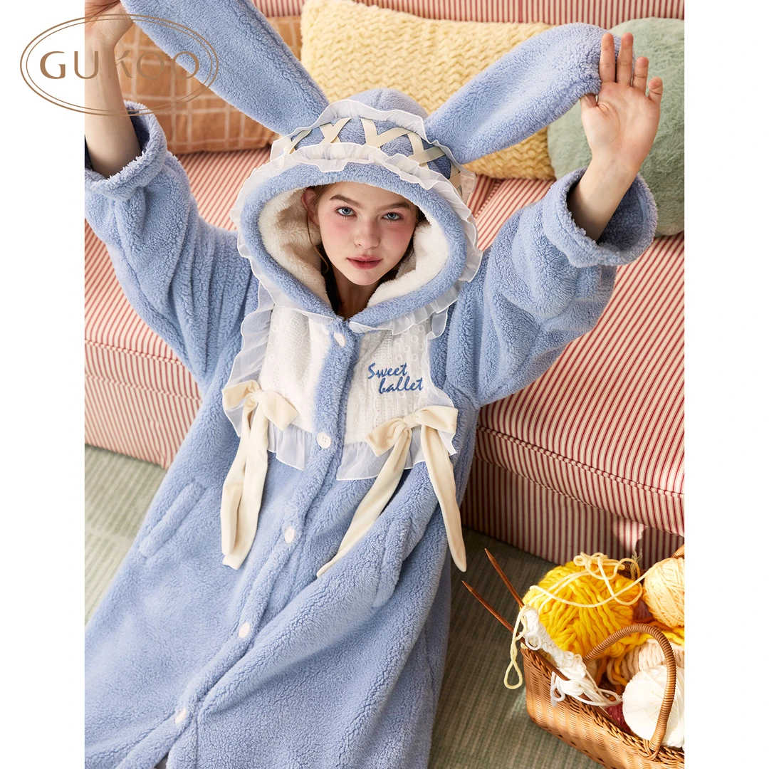【Gukoo果壳】秋冬蝴蝶结甜美蕾丝连帽女式加厚保暖可爱家居服睡袍