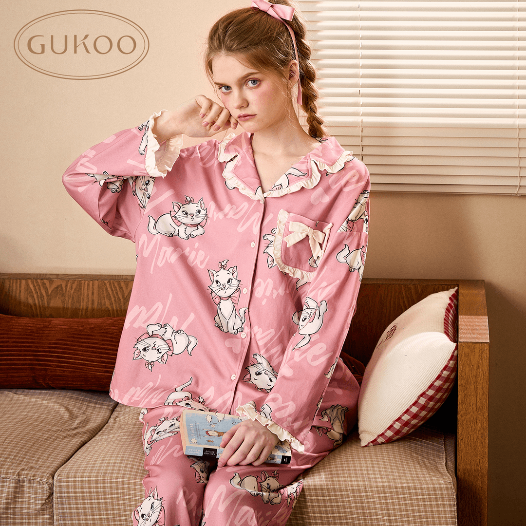 【Gukoo果壳】春秋玛丽猫卡通满印甜美女士休闲开衫家居服睡衣套