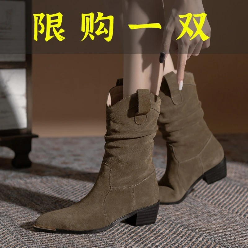 红蜻蜓牌反绒金属头西部牛仔靴女2023新款堆堆褶皱靴尖头复古粗