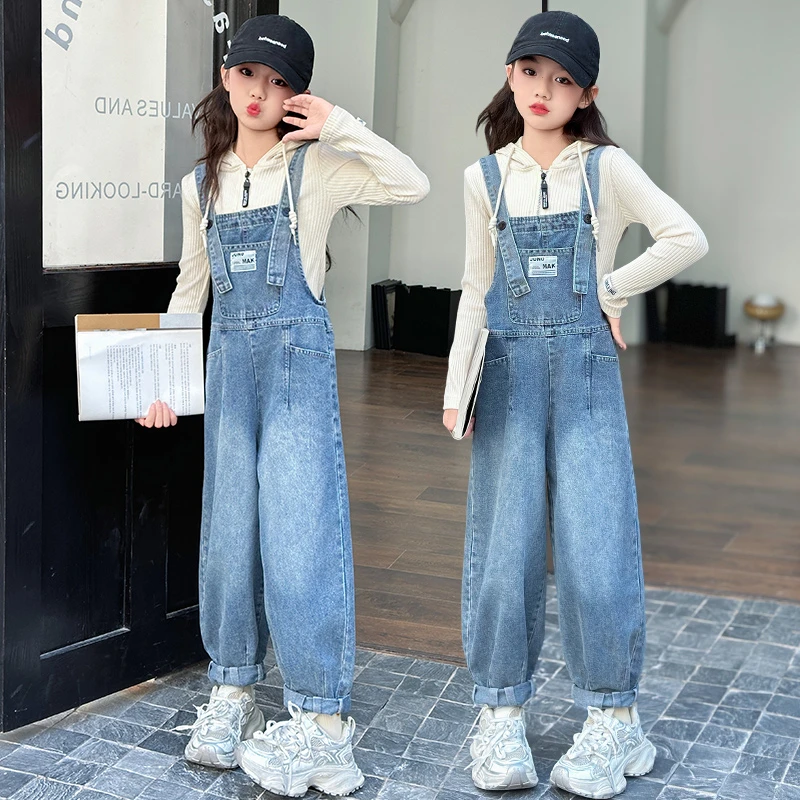 女童牛仔背带裤2025新款春秋装洋气儿童6-12岁长裤中大童宽松裤子