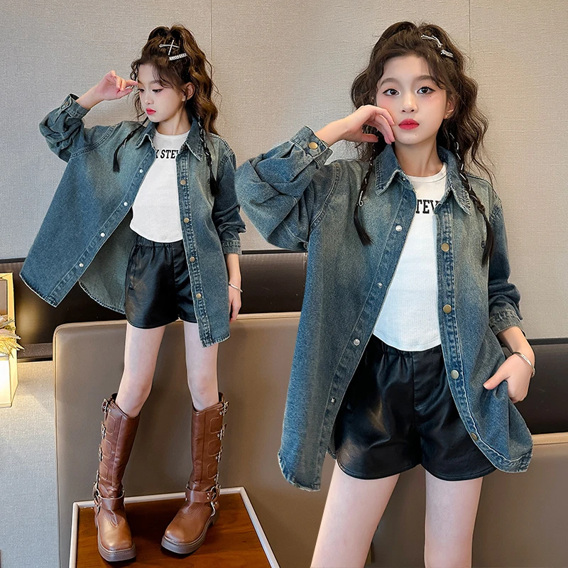 女童牛仔外套2025新款韩系童装儿童早秋外套衬衣女中大童洋气衬衫