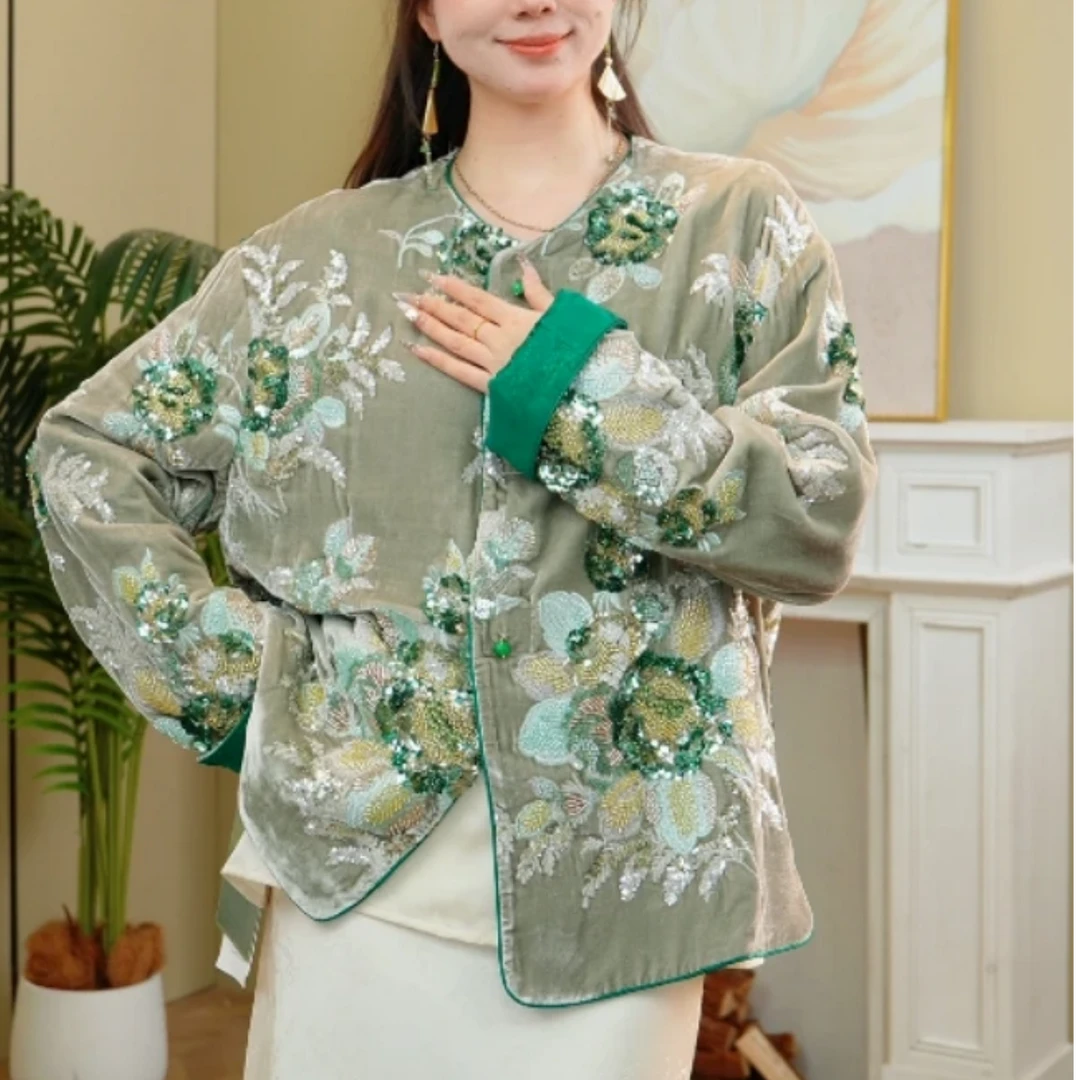 【绿野】秋冬重工刺绣串珠加厚国风绿色显亮上衣外套