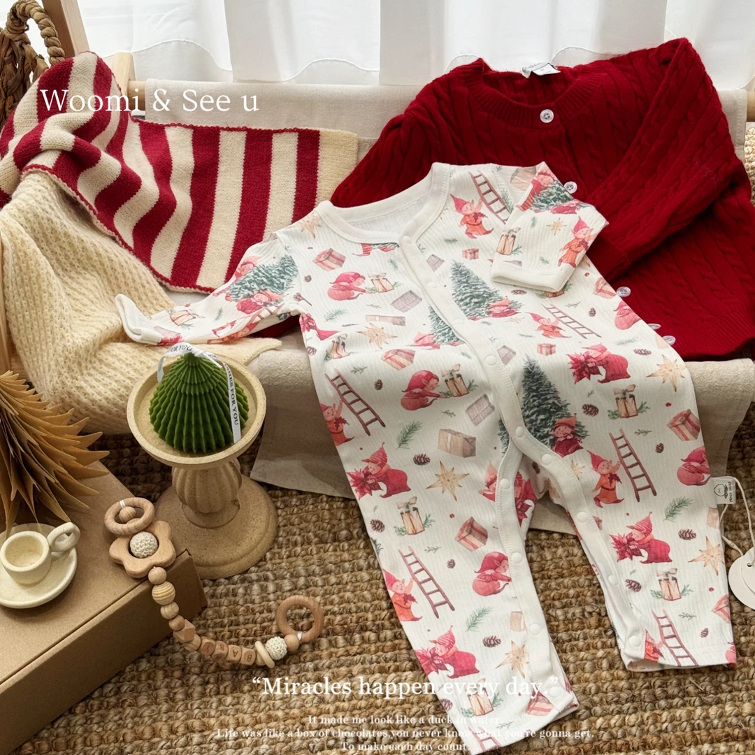 woomi·木屋精灵·宝宝秋季红色系氛围肌理感长袖爬服连体衣