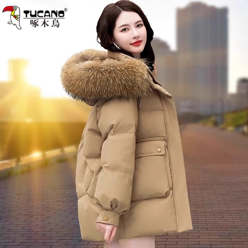 啄木鸟中长款羽绒服女士冬季2024新款时尚宽松大毛领加厚保暖外套