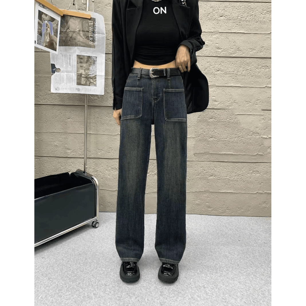 秋冬新款加绒加厚女牛仔裤直筒裤高腰阔腿女牛仔裤小胖墩服饰YT