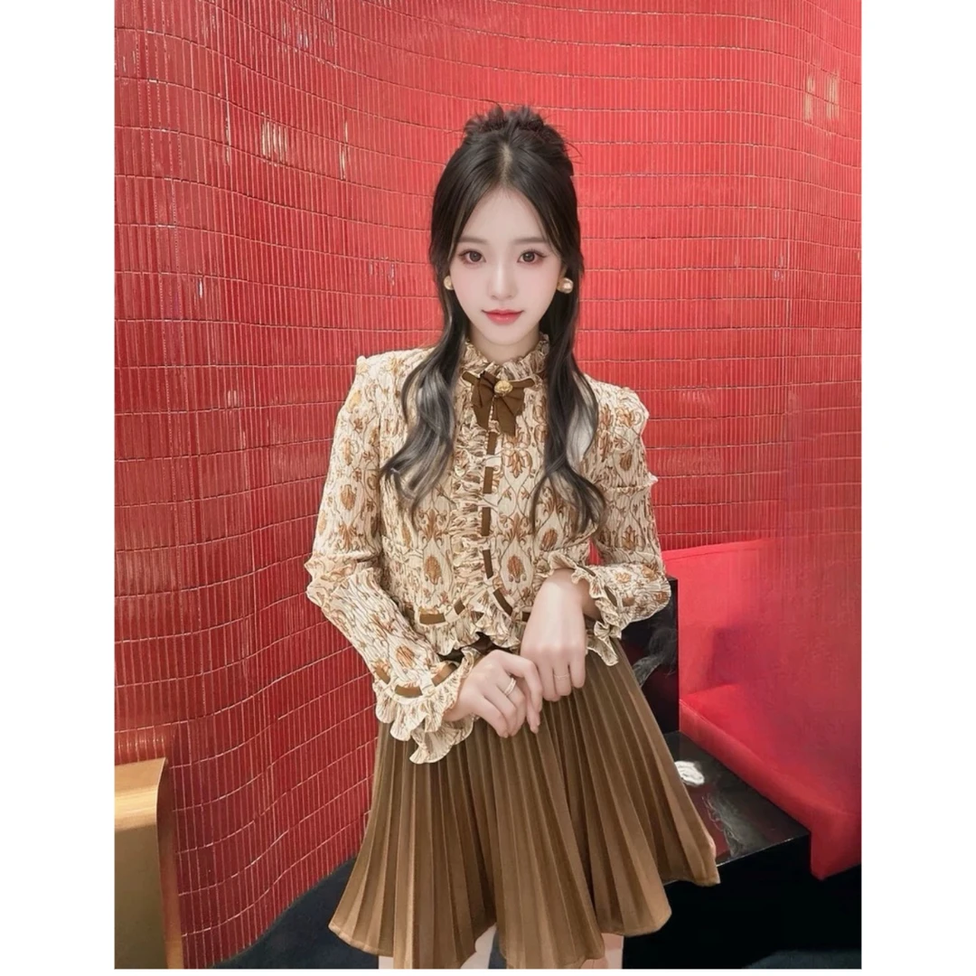 【芊羽原版轻奢高定】秋冬新款老钱风复古压褶立领宫廷风上衣皮半裙