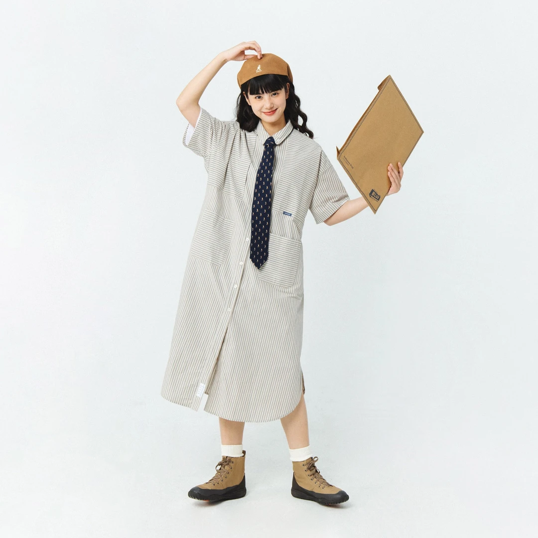 NOTHOMMEBLUE2023新款蓝岐复古学院风条纹显瘦拼接短袖衬衫连衣裙