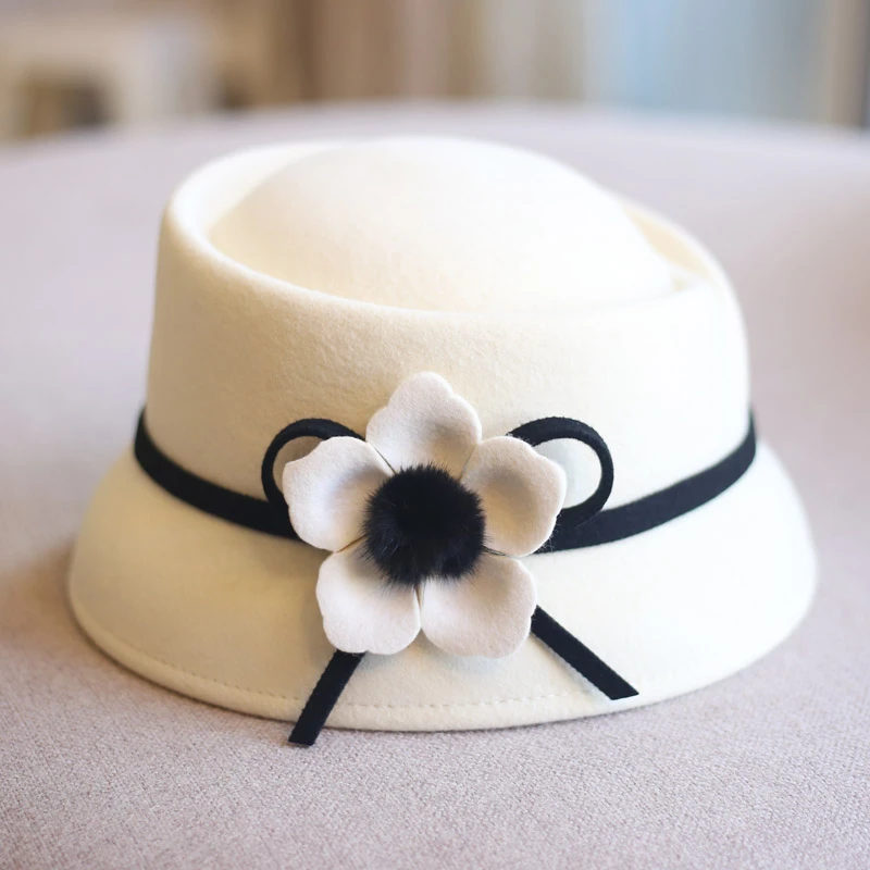 小香风水貂毛球山茶花渔夫帽子女澳洲羊毛毡帽法式盆帽凹顶礼帽潮