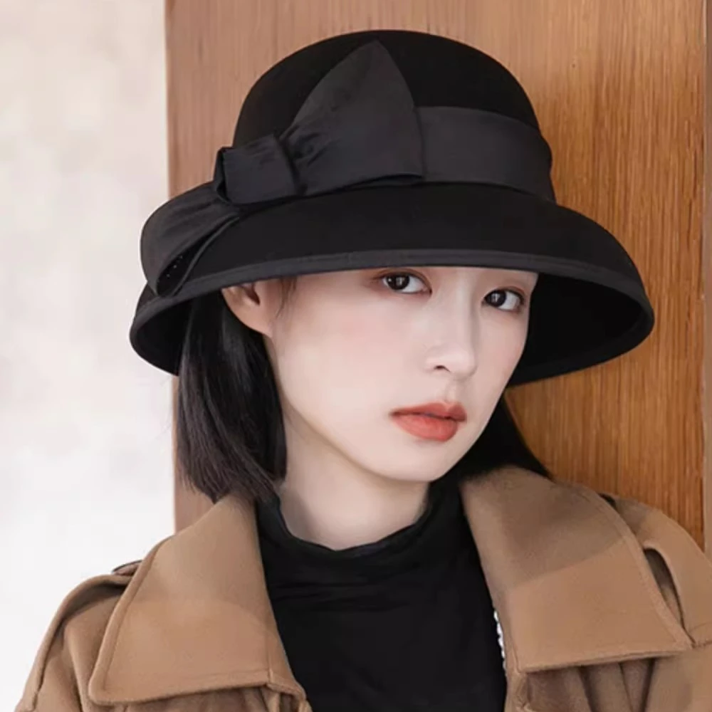 秋冬羊毛呢女复古赫本缎布蝴蝶结英伦渔夫帽盆帽毡帽子礼帽可调节