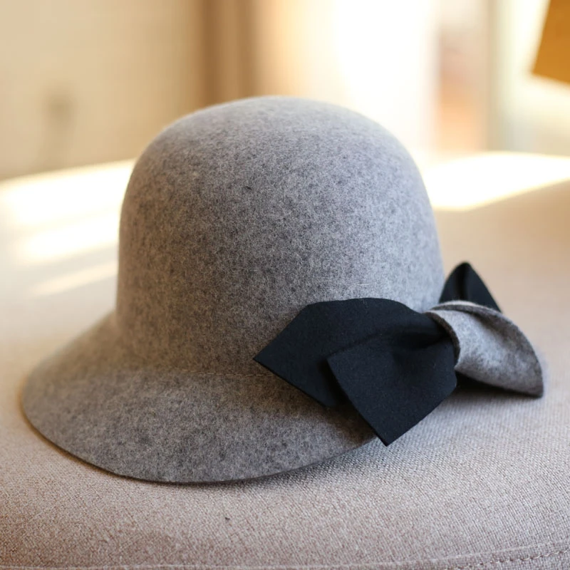 秋冬羊毛呢礼帽韩版百搭蝴蝶结盆帽优雅渔夫帽子女潮英伦风遮阳帽