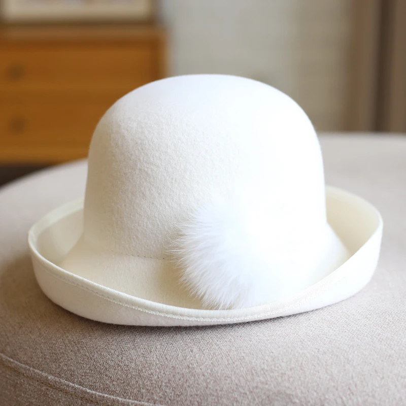 帽子女秋冬羊毛呢帽优雅卷边盆帽大毛球渔夫帽保暖帽英伦休闲礼帽