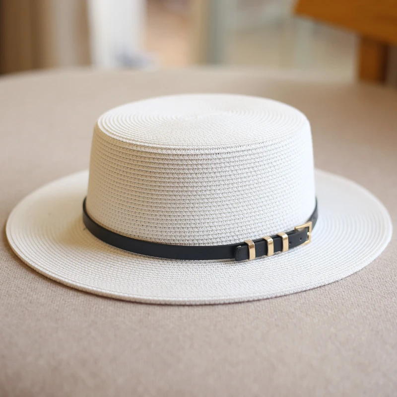 防晒帽子遮阳皮带扣平顶帽礼帽户外沙滩出游草编帽女夏百搭平檐潮