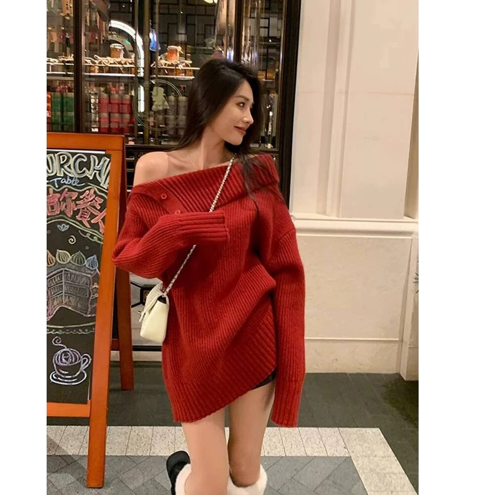 【设计感不规则长袖针织毛衣】慵懒风软糯宽松套头上衣