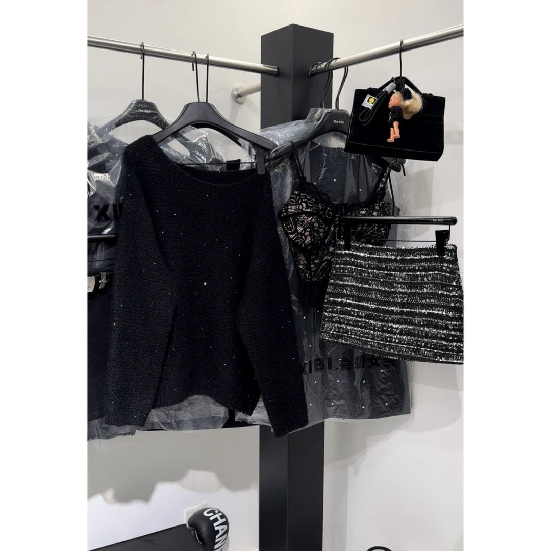 两穿！圆领可露肩【亮片露肩长袖套头毛衣】慵懒风宽松百搭针织上衣