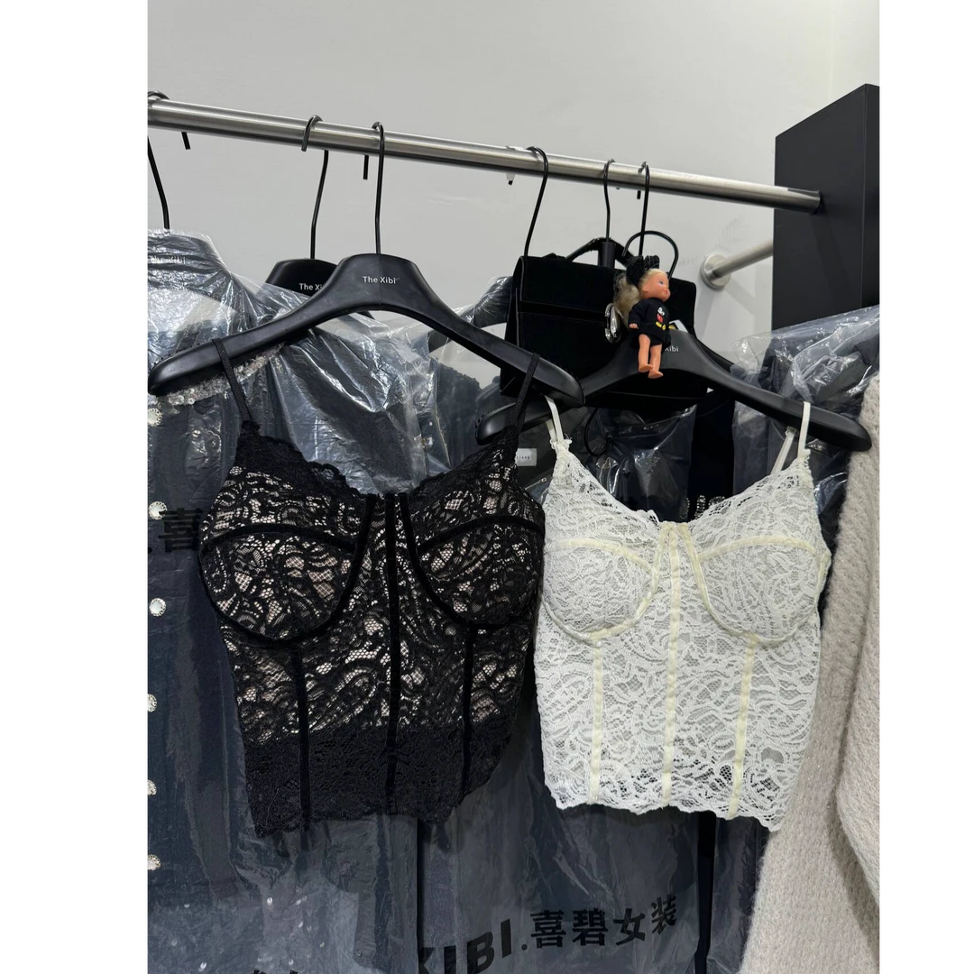 【蕾丝性感吊带背心】修身带胸垫内搭白色辣妹短款打底美背上衣
