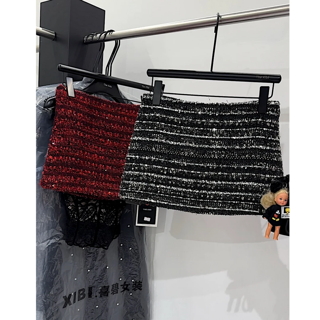 现现【法式复古毛呢半身裙】重工亮片低跨腰显瘦高级感气质包臀短裙