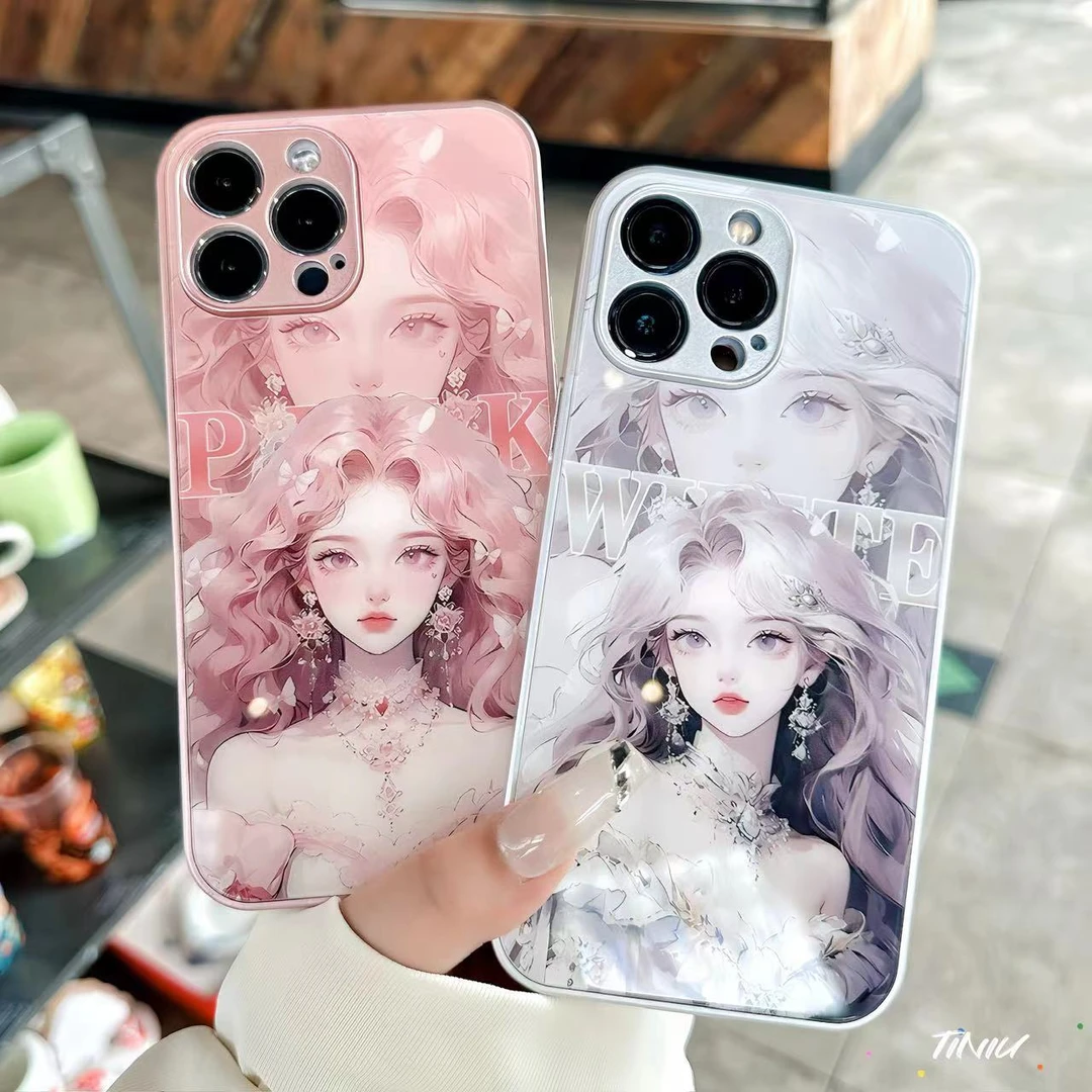 苹果/华为/荣耀/OPPO/VIVO 动漫女孩子金属漆钢化玻璃手机壳网红