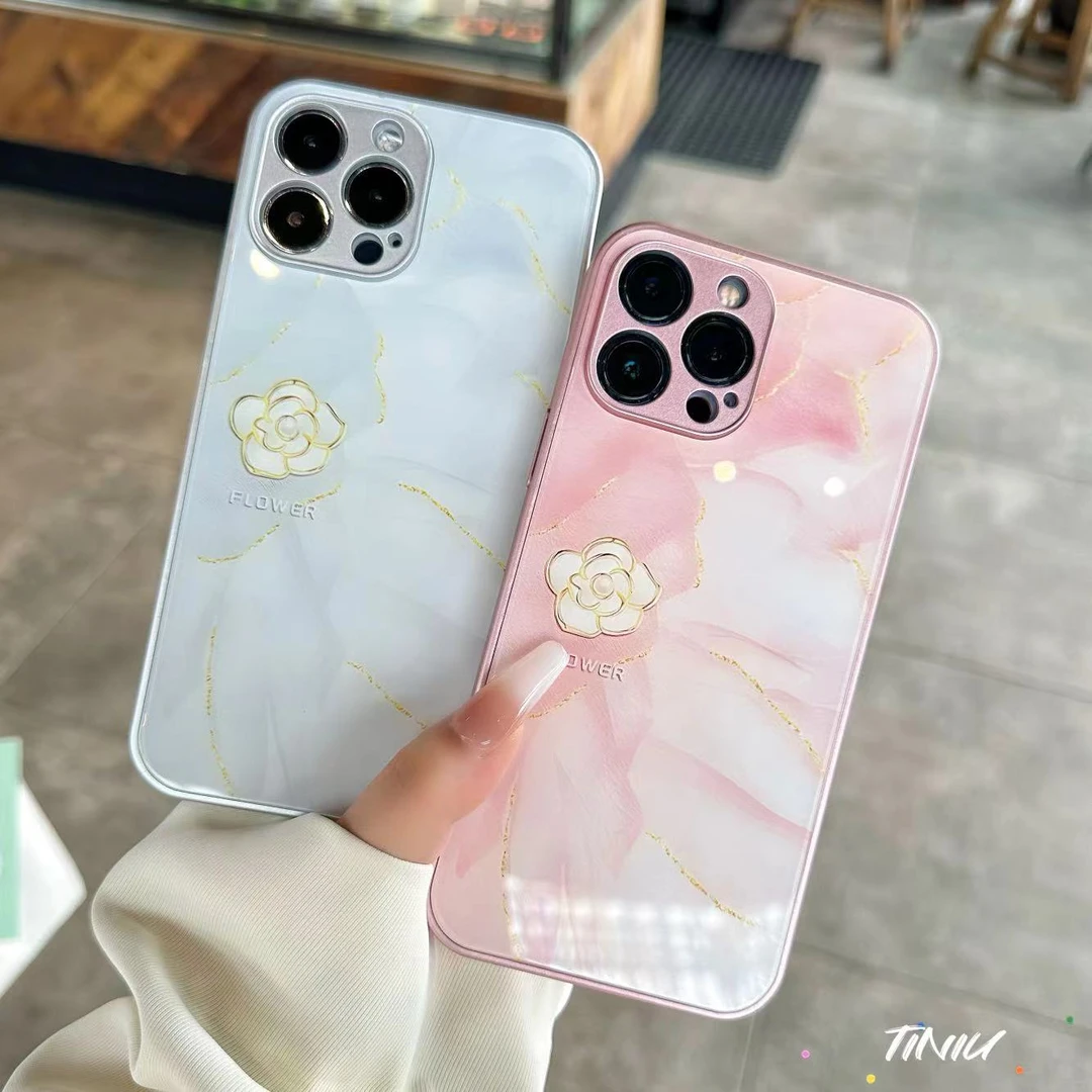 苹果/华为/荣耀/OPPO/VIVO 流金山茶花花金属漆钢化玻璃手机壳