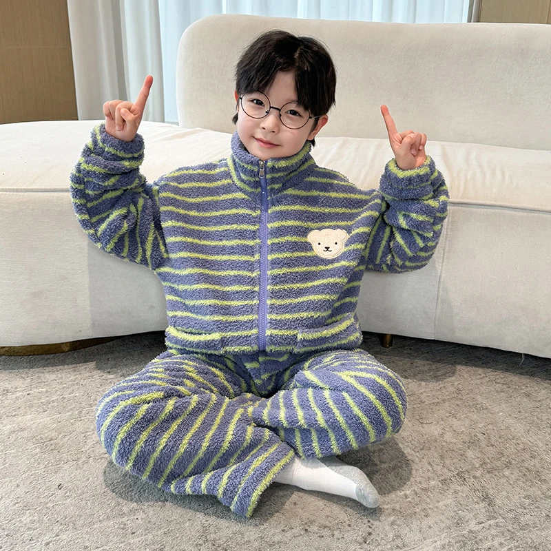 儿童装男童睡衣秋冬款家居服加绒男孩珊瑚绒中大童加厚冬季法兰绒