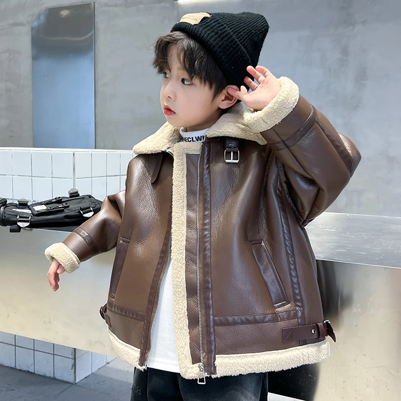 儿童装男童冬装加绒外套2024新款男孩冬季羊羔绒秋冬款中大童皮衣