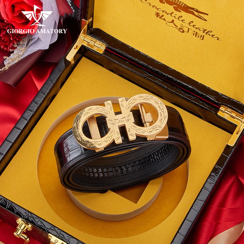 正品GIORGIOAMATORY男士皮带鳄鱼皮不锈钢扣奢侈品真皮裤腰带真皮