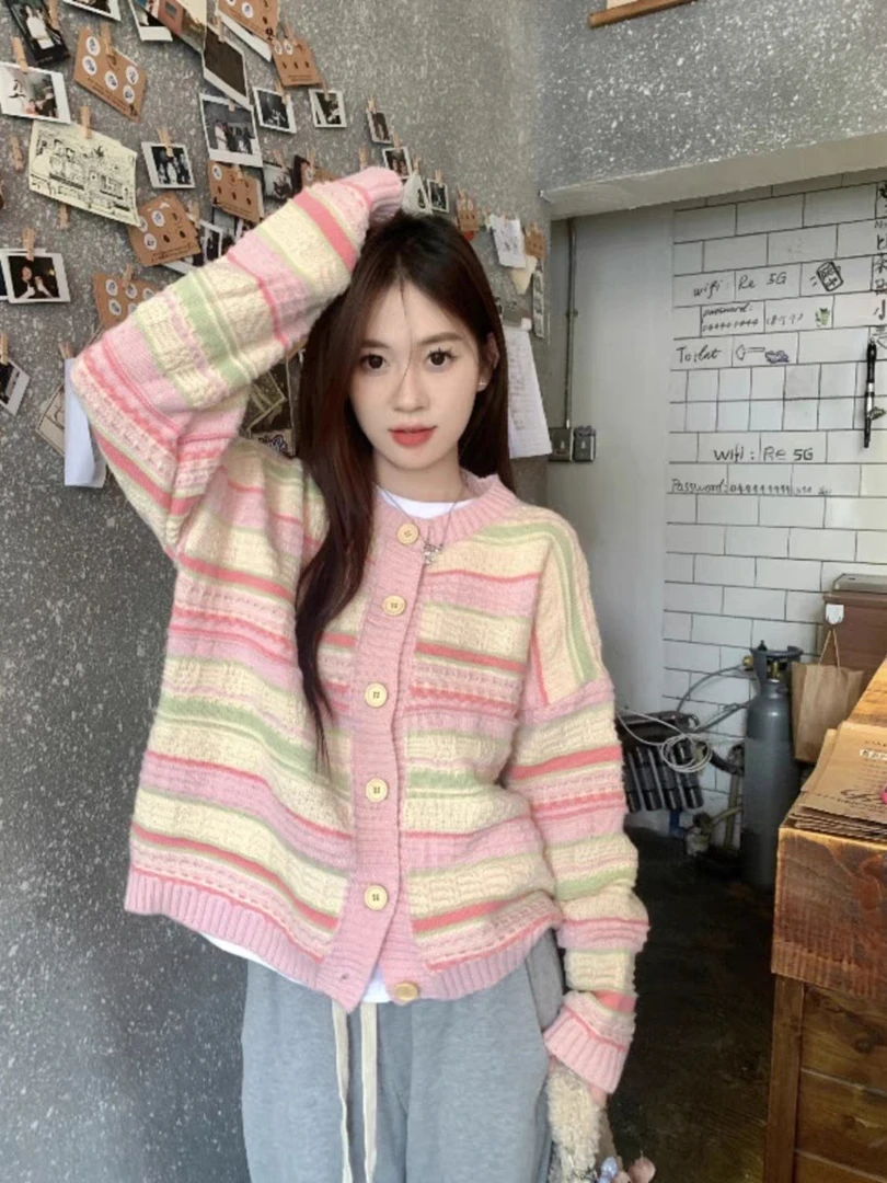 甜美风多巴胺开衫毛衣女秋季2025新款设计感小众条纹宽松外套上衣