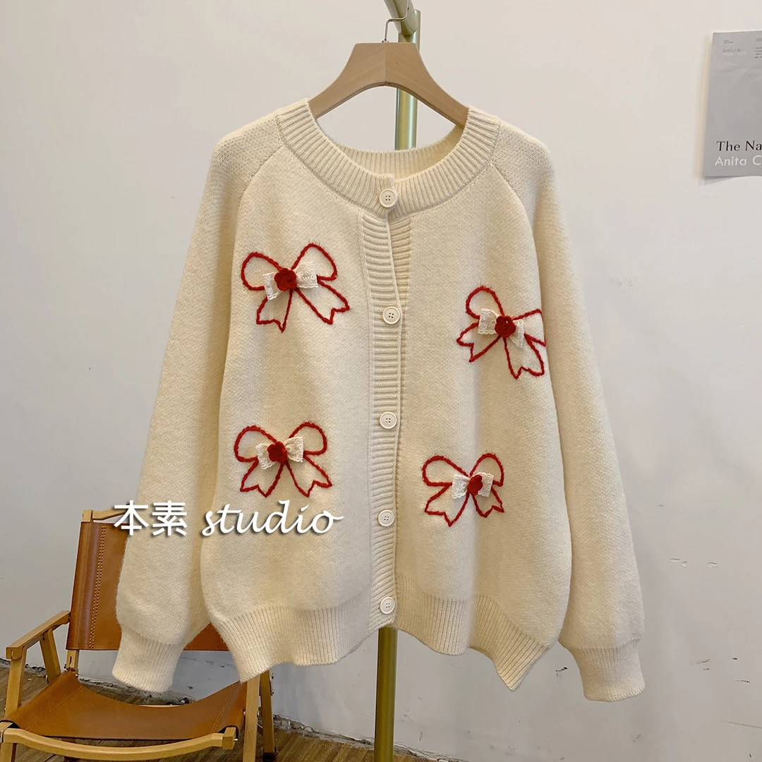 蝴蝶结毛衣C2657蝴蝶结圆领针织开衫毛衣
