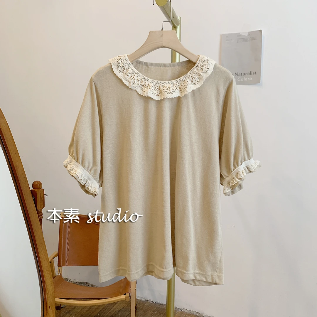 C0646蕾丝边圆领短袖T恤