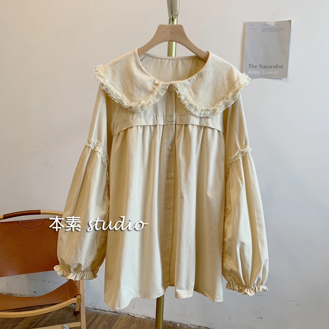 C2030磨毛全开扣蕾丝边娃娃领衬衫