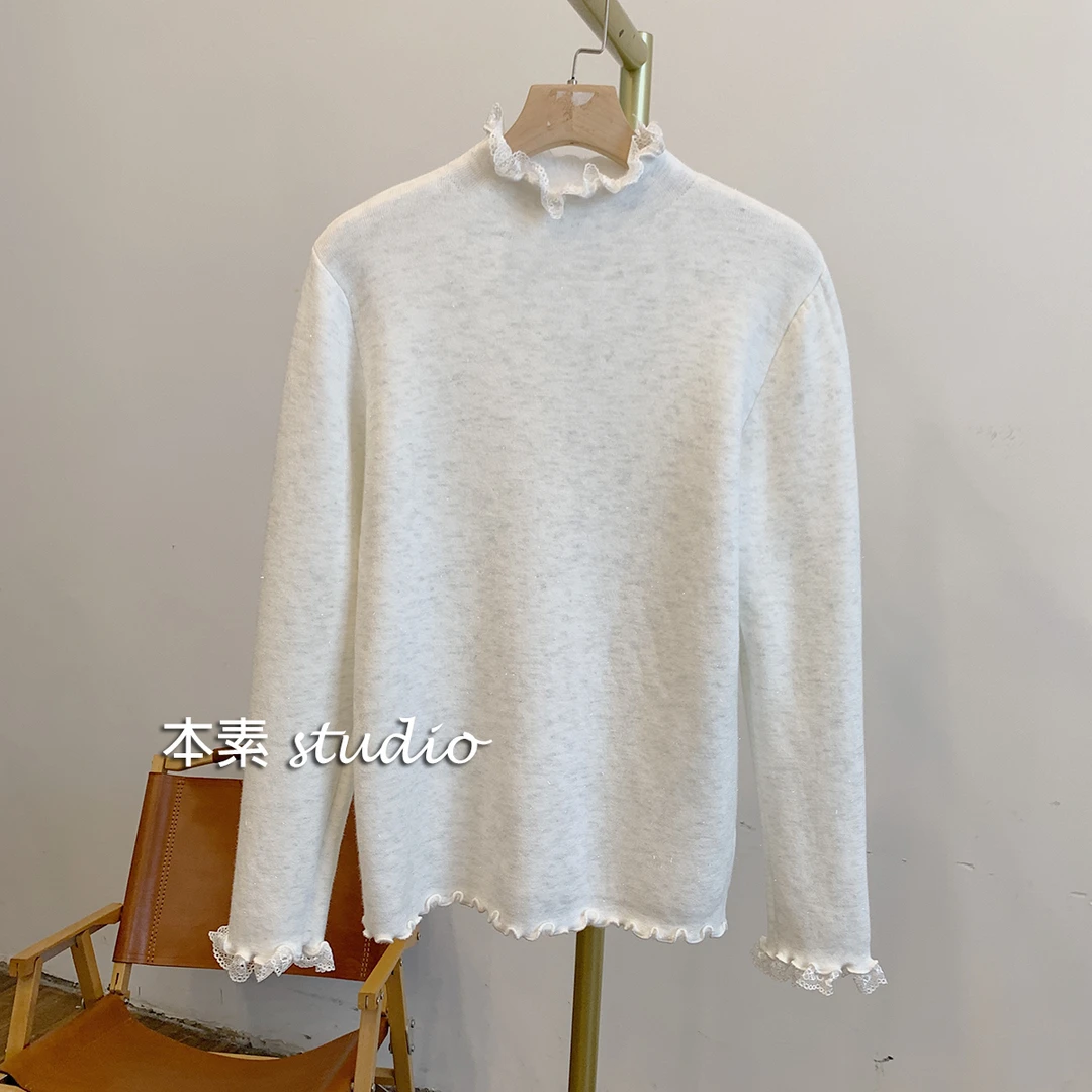 C2814蕾丝拼接半高领加绒针织打底衫