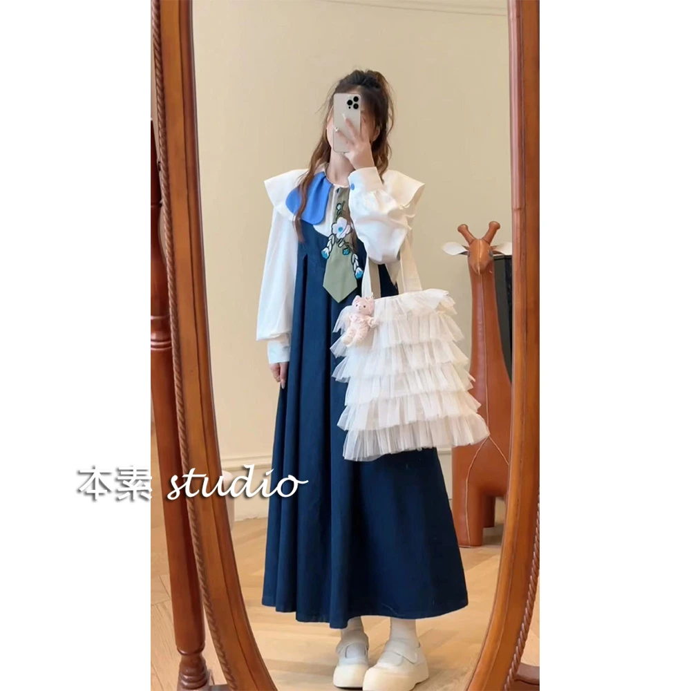 依兰C1399背后系带松紧圆领牛仔背心裙