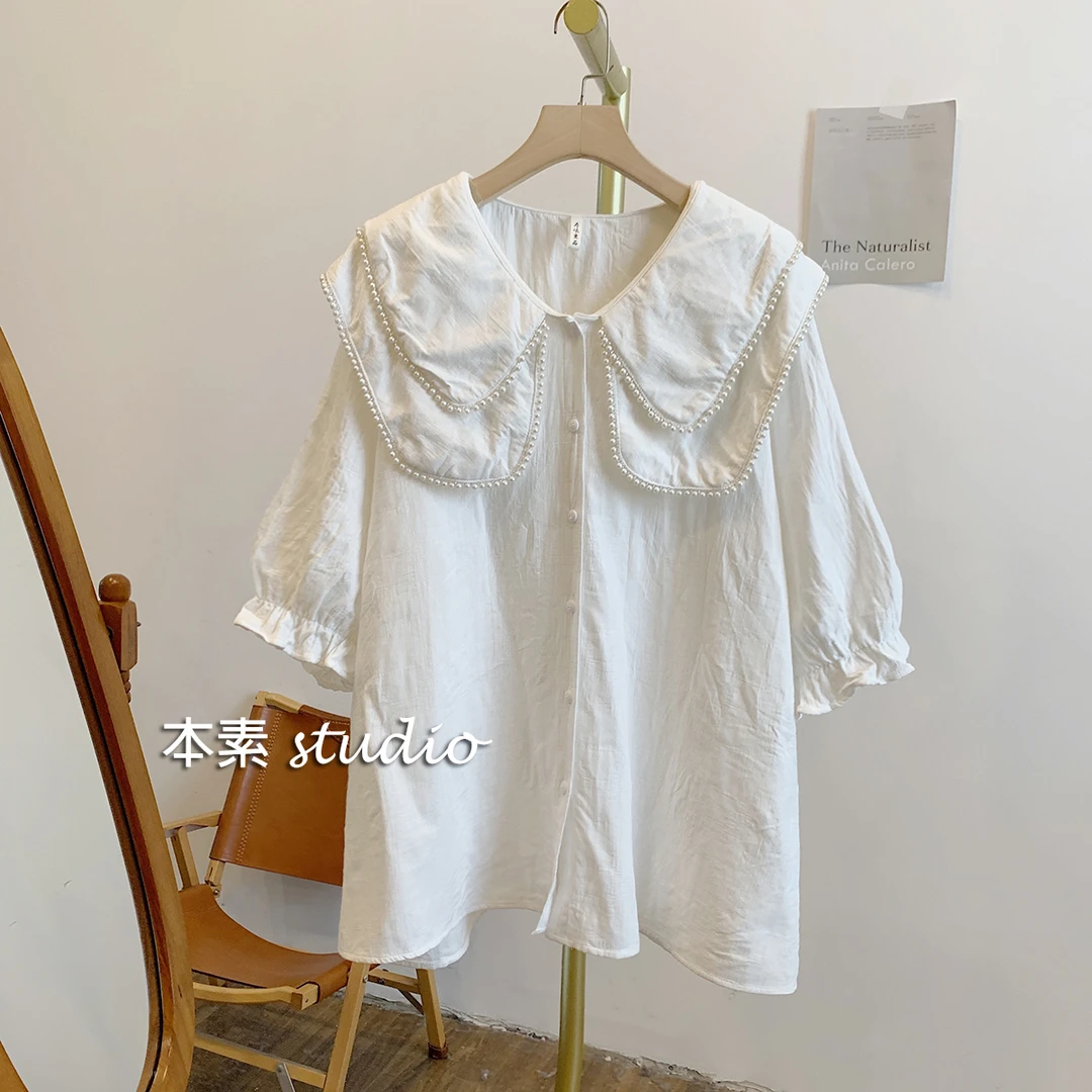 一片云C0362提花全开扣串珠双层娃娃领短袖衬衫