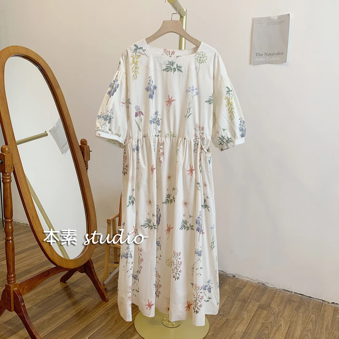 夏花C0793印花腰侧口袋方领短袖连衣裙