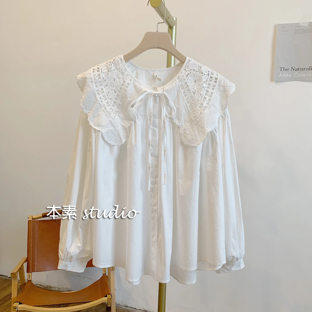 C1972纯色全开扣系带镂空娃娃领衬衫