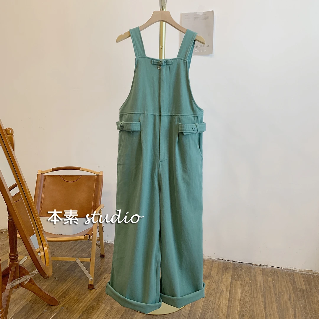 踏青 M9788纯色盘扣拉链腰侧绊扣可调节宽松背带裤