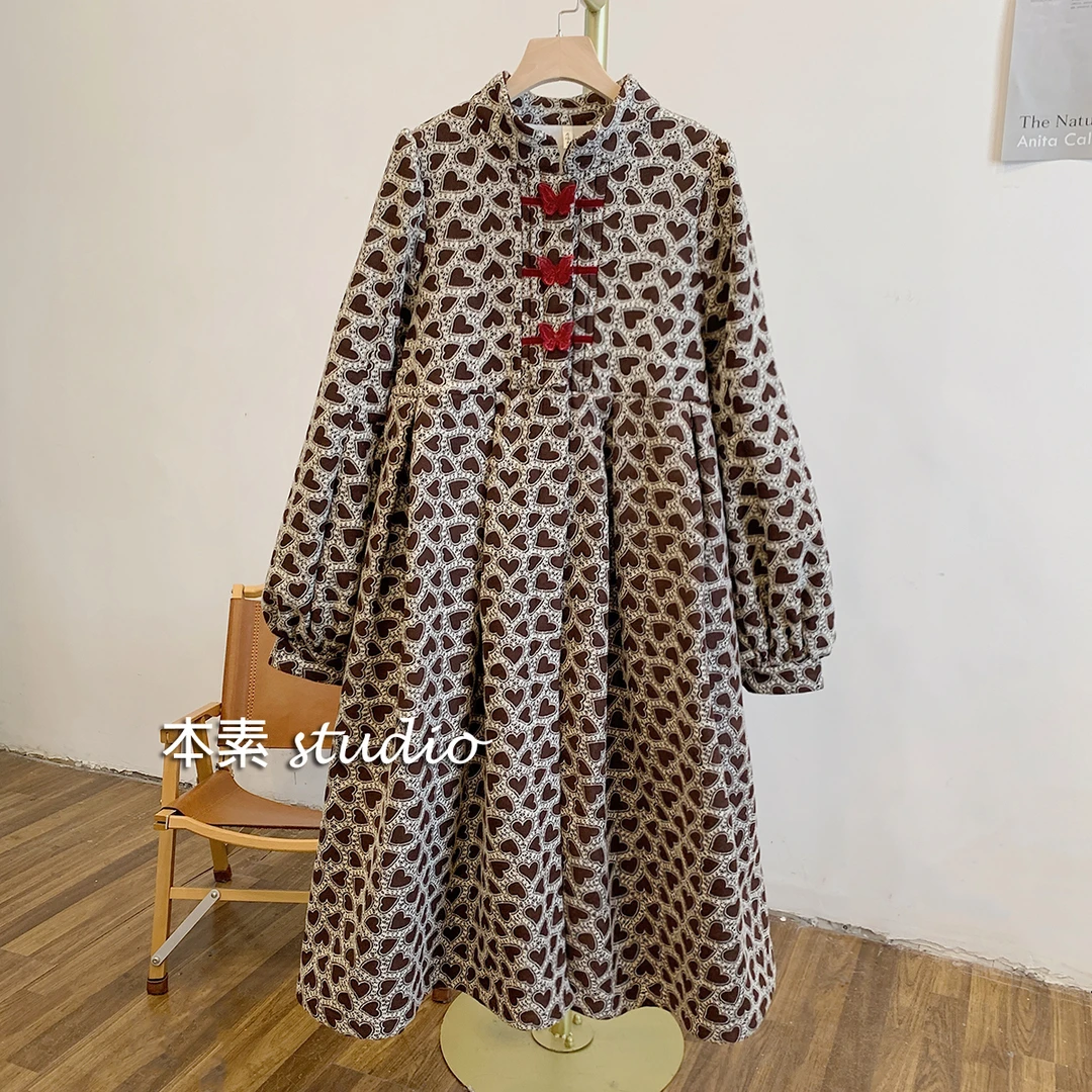 暖心抱抱C2638加绒爱心提花蝴蝶结全开扣立领连衣裙